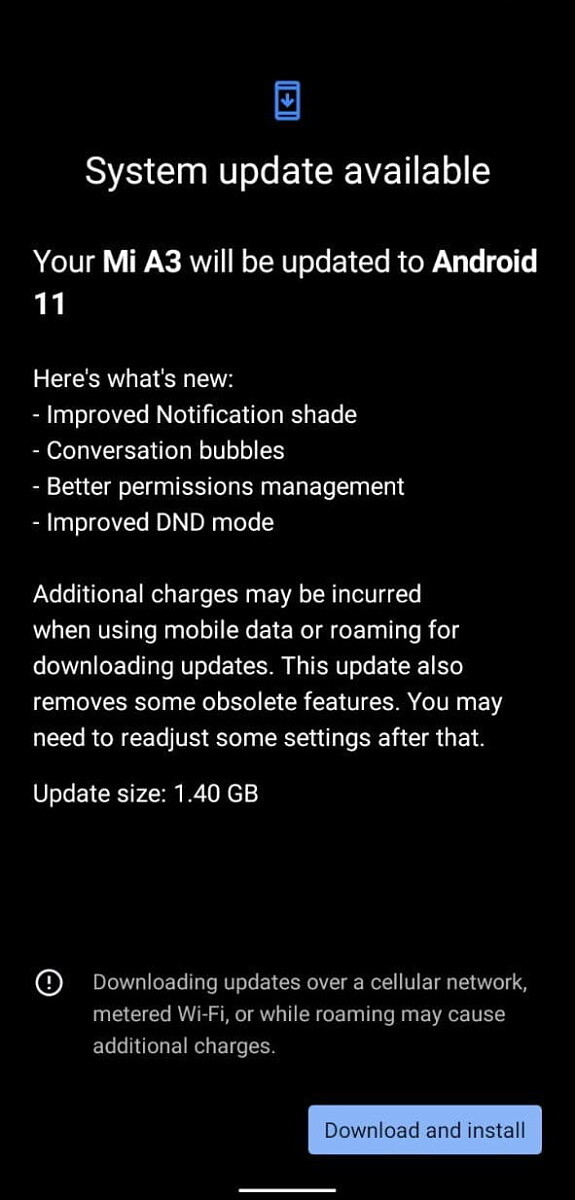 Mi A3 Android 11 güncelleme bildirimi